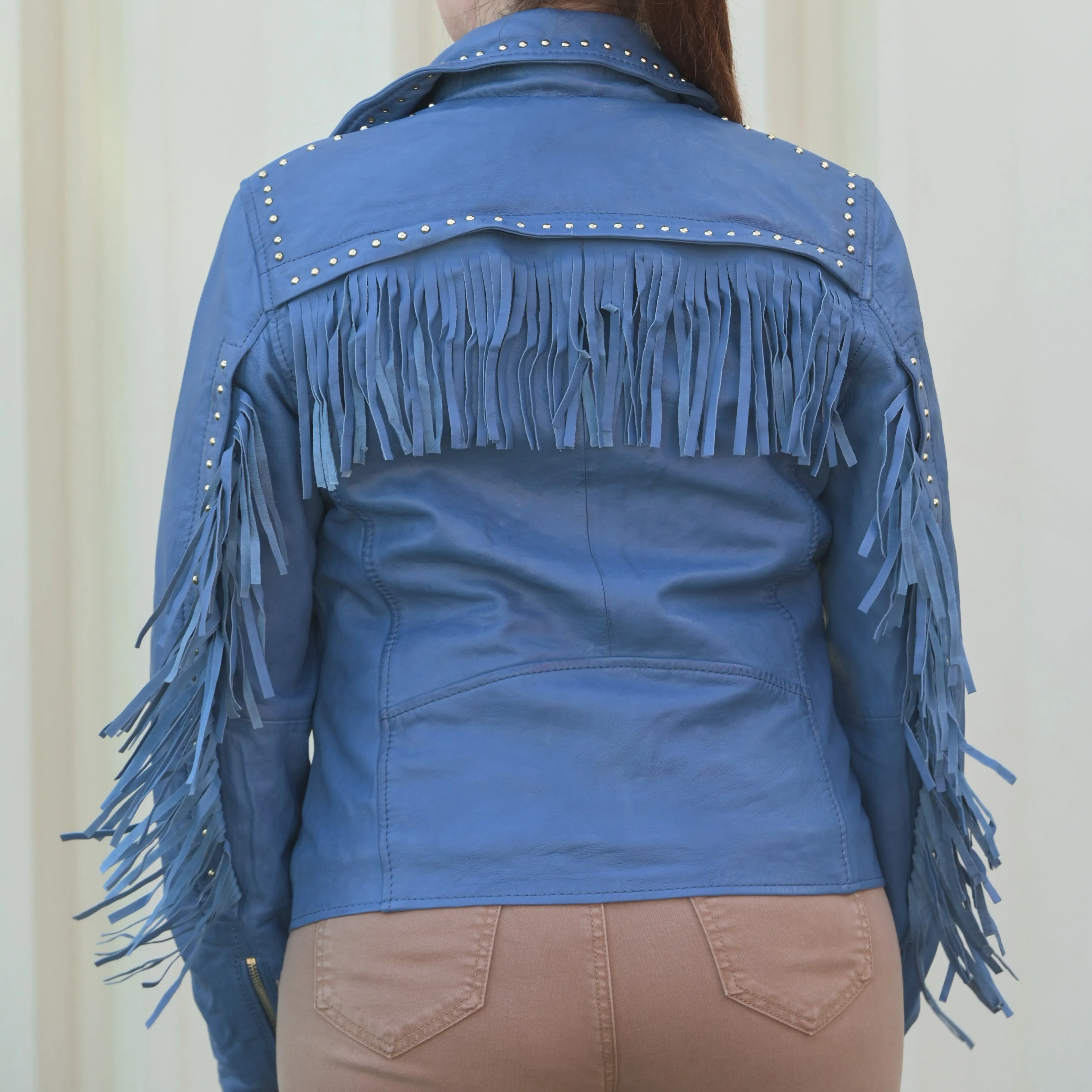 Women's Studded Leather Jacket with Removable Fringe