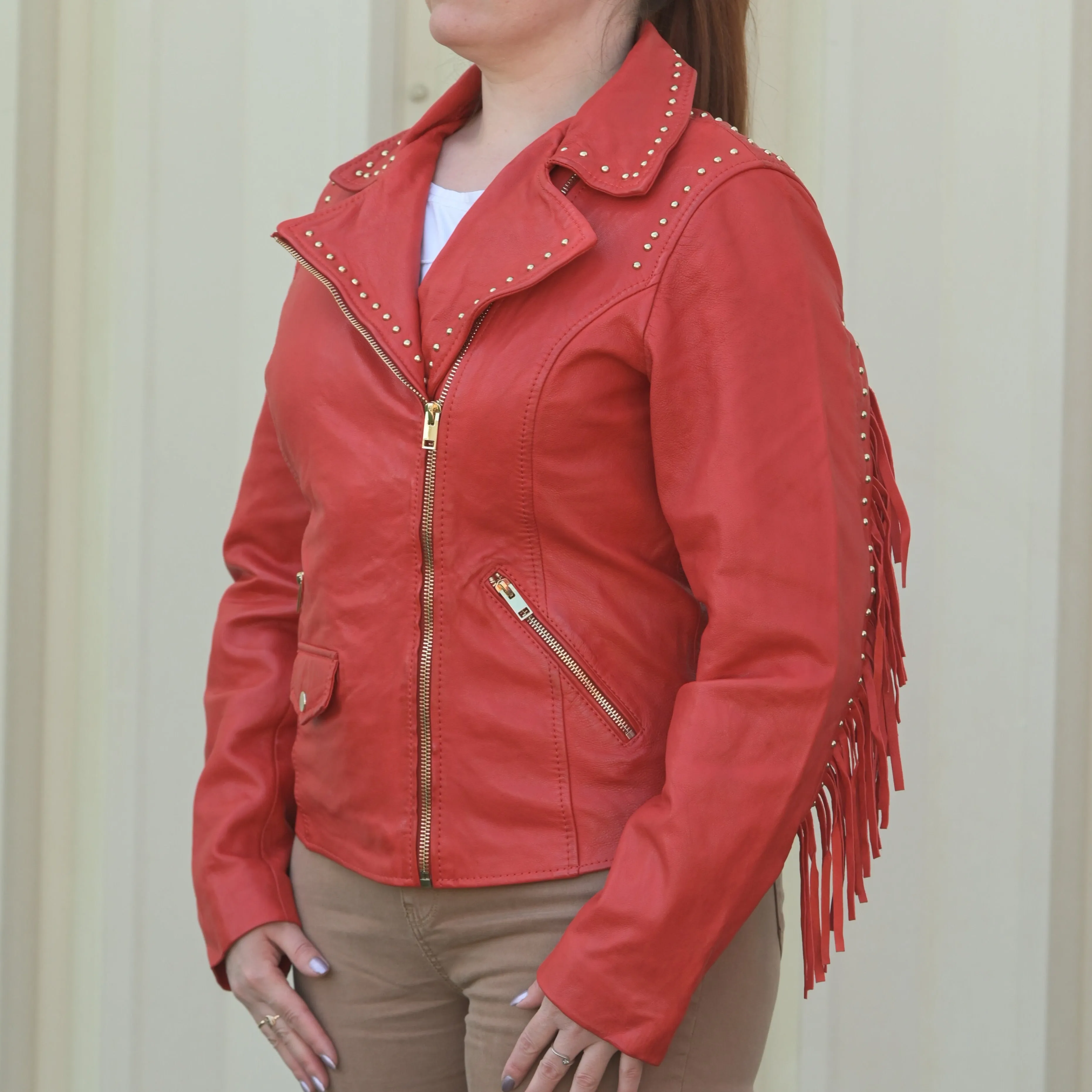 Women's Studded Leather Jacket with Removable Fringe